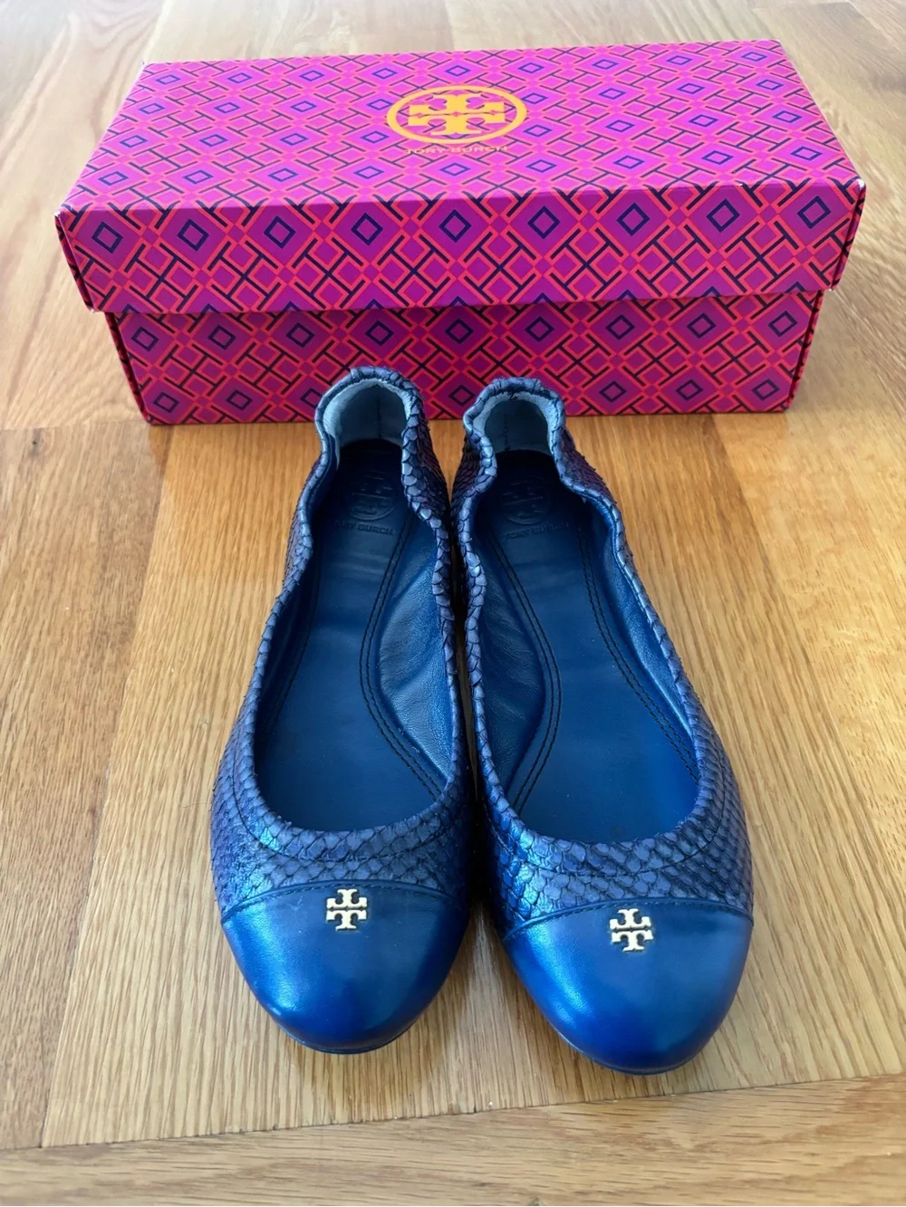 Tory Burch Metallic Blue Leather & Snakeskin Ballet Flats